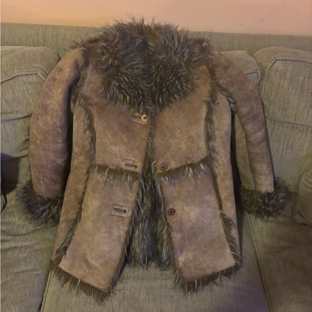 Women's Brown Leather Jacket with Faux Fur Trim